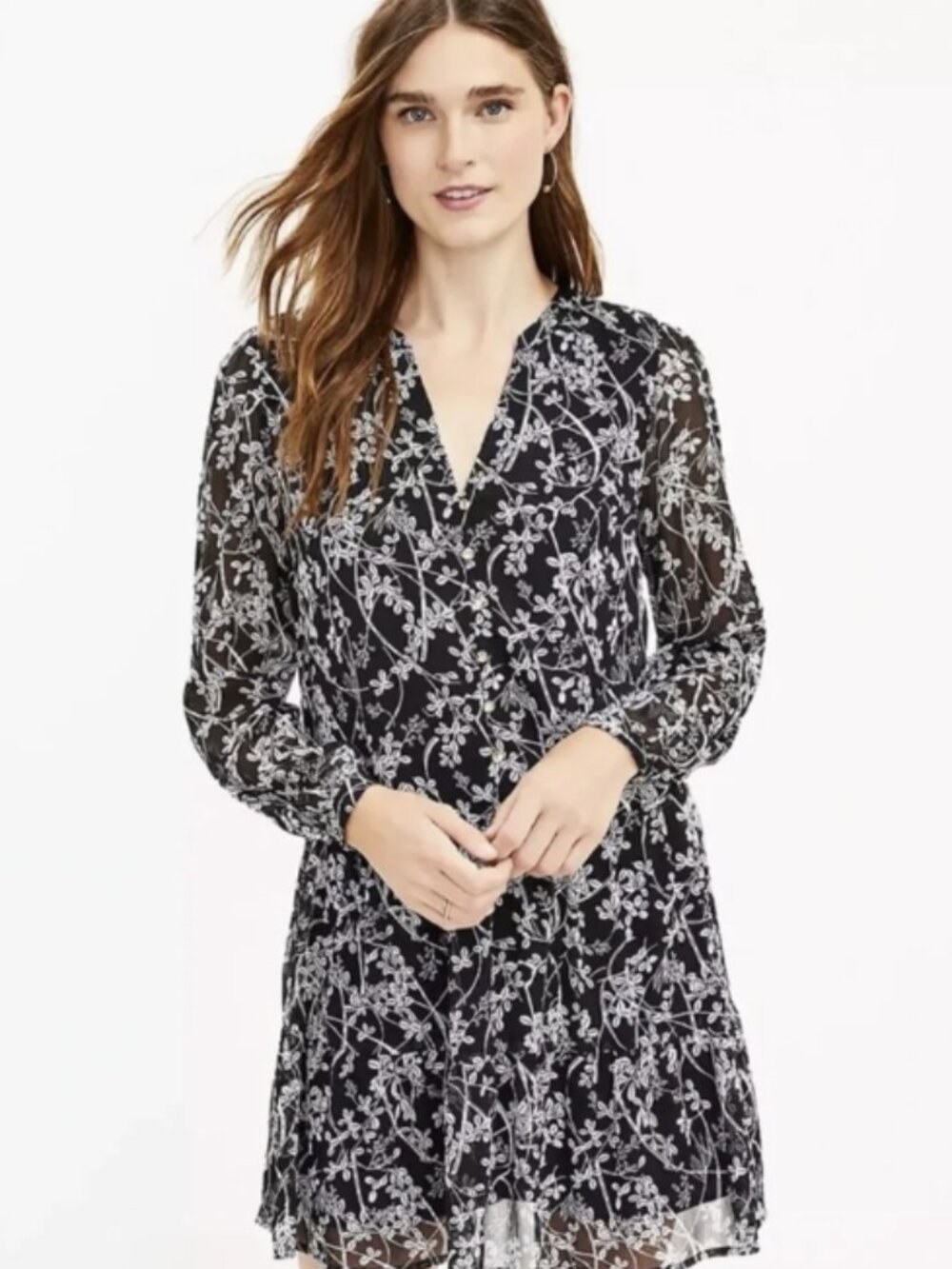 LOFT Black and White Floral Button-Front Long Sleeve Dress